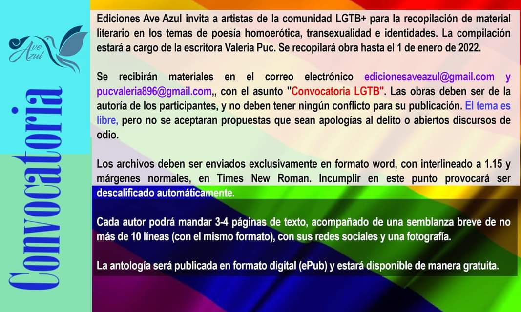 aveazulmx's tweet photo. Convocatoría a la comunidad LGTB+, antolog��a en ePub gratuita https://t.co/fFi2ogXB0T