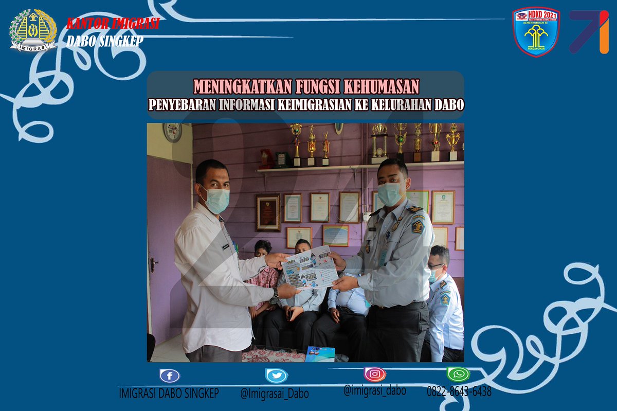 ImigrasiDabo's tweet photo. Kantor Imigrasi Kelas II Non TPI Dabo Singkep melaksanakan penyebaran informasi keimigrasian ke Kantor Kelurahan Dabo dalam rangka meningkatkan fungsi kehumasan. (06/10/2021)
#direktoratjenderalimigrasi #imigrasiindonesia #eazypassport #apapo #apoa #imigrasidabosingkep https://t.co/gyaHx8K9zo