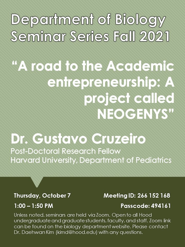 Hood_Biology's tweet photo. Seminar tomorrow at 1pm on Zoom from Dr. Cruzeiro @Gavcruzeiro https://t.co/r6lh7nGU4l