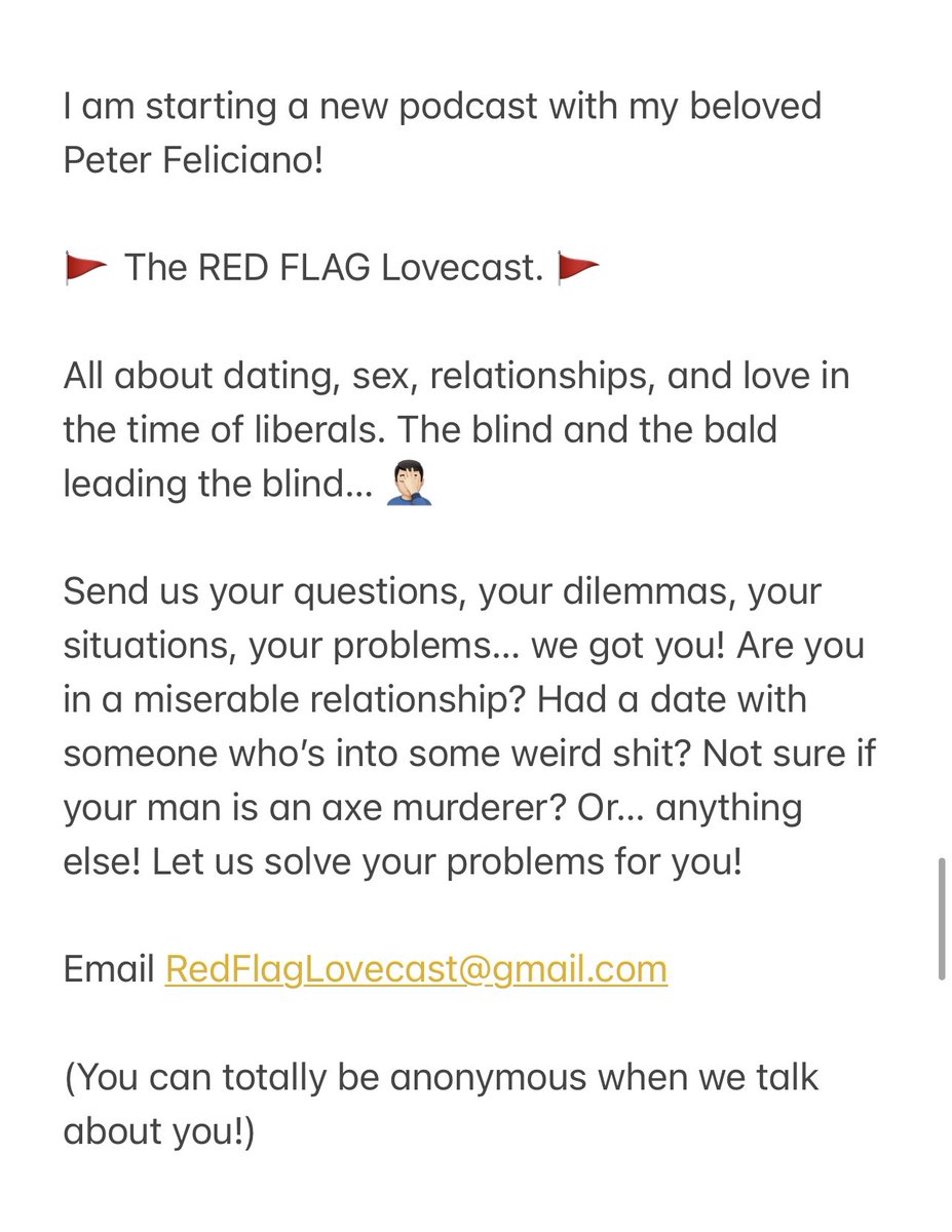 NotMikeHarlow's tweet photo. Announcement! I am starting a new podcast with @Rule62peter!

We’re taping our first episode with our very special very first guest, queen @ArielleScarcell 👑

Email RedFlagLovecast@gmail.com and tell us your problems! Which we will discuss and solve for you. 😜

#RFLC 🚩 https://t.co/mGpry630kt