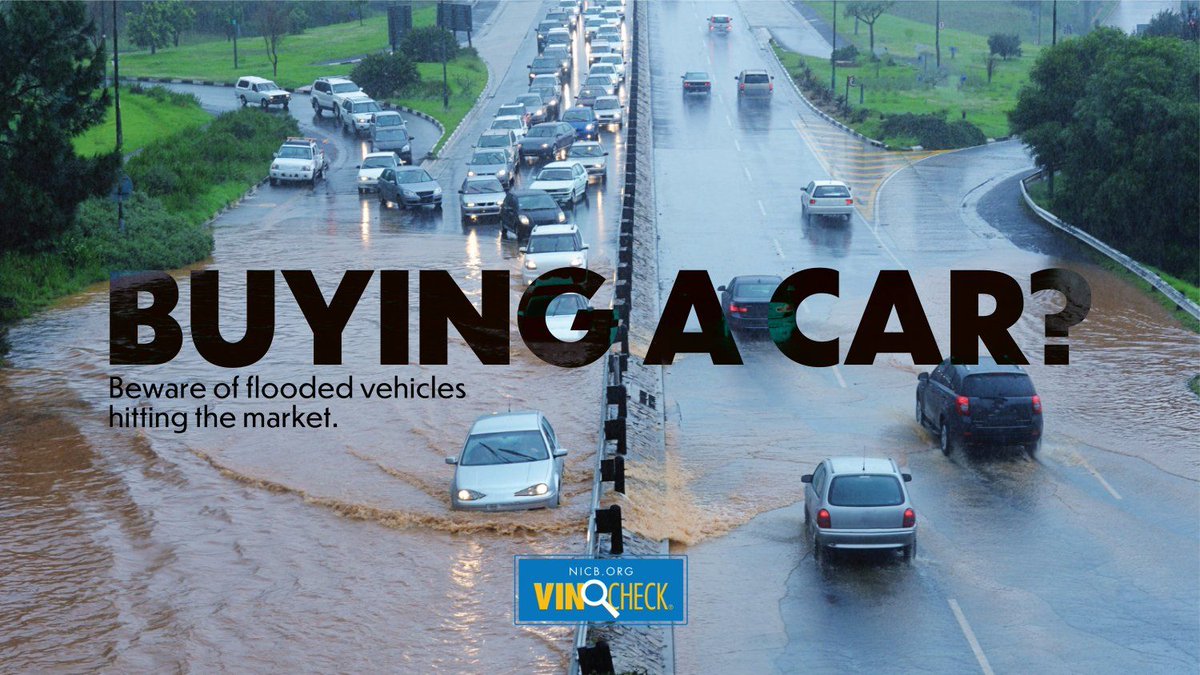 insurancecrime's tweet photo. In the market for a used car? Beware of fraudsters selling flood damaged vehicles in the wake of #HurricaneIda. Use NICB's free tool VINCheck® before you buy: https://t.co/RNm0G4fTx3

#AutoFraud #Flooding #DisasterFraud https://t.co/s8DCi3uOzg