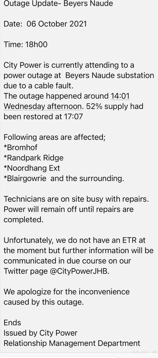 CityPowerJhb's tweet photo. #JoburgUpdates #OUTAGEUPDATE 

Outage update on #BuyersNaude , see attached for details.^NN https://t.co/dA6IXofnJd