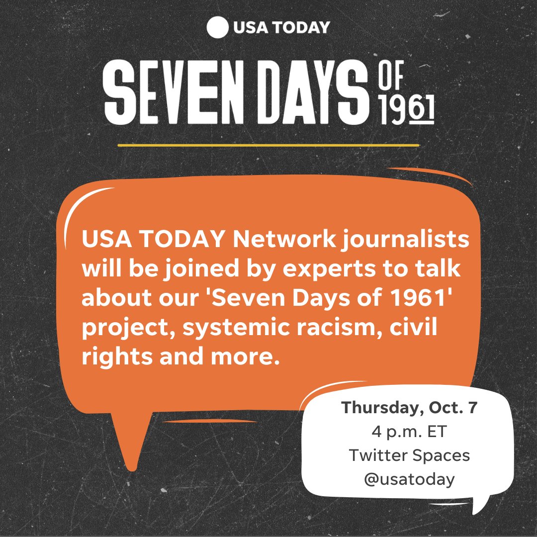 Join us tomorrow at 4 p.m. ET on @TwitterSpaces! Our journalists <a href="/dberrygannett/">Deborah Berry</a>, <a href="/jaspercolt/">Jasper Colt</a>, <a href="/typewriterninja/">Marc Ramirez</a> and <a href="/itsmelissabrown/">Melissa Brown</a> will be joined by <a href="/robbyjsu/">Robert Luckett</a> and <a href="/DrRob3000/">Dr.Rob</a> to talk about our 'Seven Days of 1961' series and how the year changed American history.