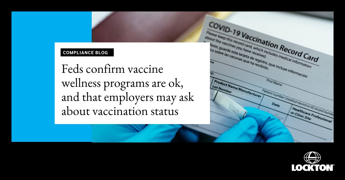 LocktonBenefits's tweet photo. Federal authorities have validated employers’ use of healthcare plan-related wellness programs to incent employees to obtain a COVID-19 vaccine. Learn more in the latest Benefits Blog: https://t.co/JckKAqptDT https://t.co/GuLTzOJET2