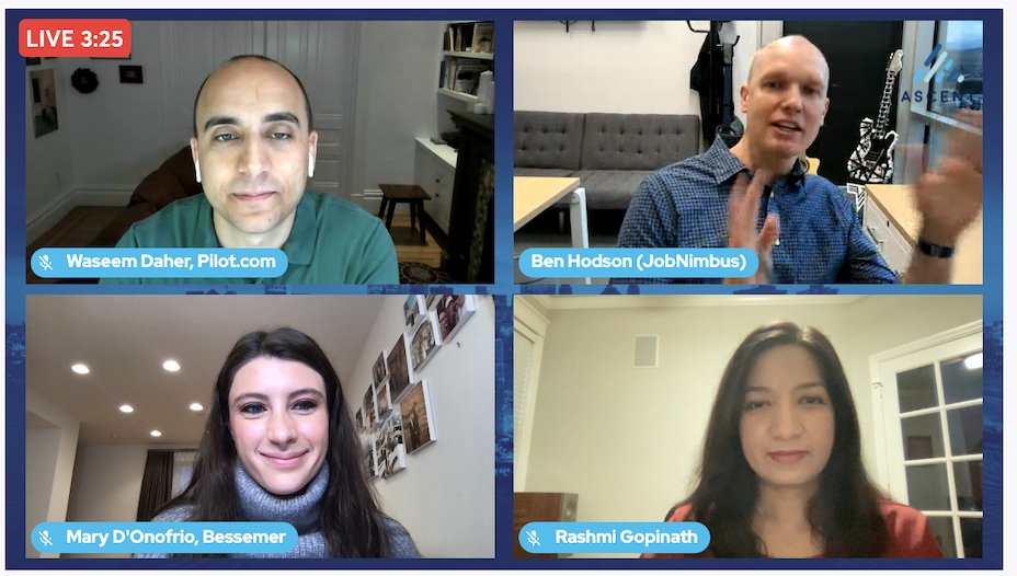 We had a great session <a href="/AscentConf/">The Ascent Conference</a> today! My favorite takeaways:

<a href="/waseem/">Waseem Daher</a>: Pitching is storytelling 📕
<a href="/BenLaneHodson/">Ben Lane Hodson</a>: Test investor fit with personal questions + a whiteboarding session 🧑‍🏫
<a href="/GopinathRashmi/">Rashmi Gopinath</a>: Come to check ins with tangible updates and investor asks❓