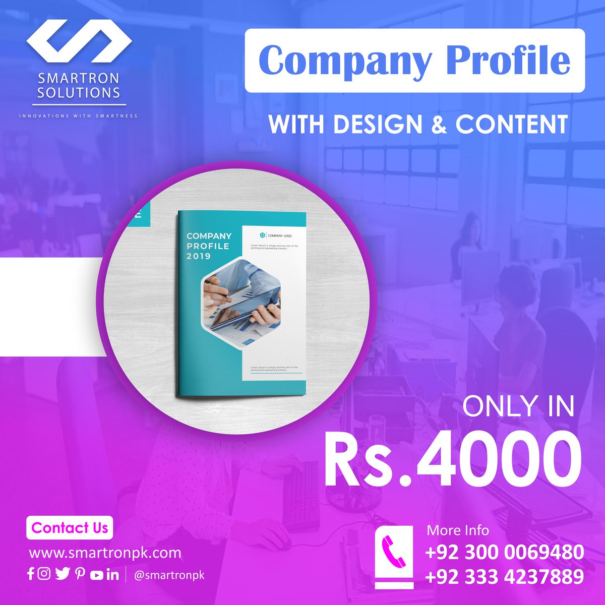Company Profile with Design &amp; Content 

#smartron #smartronsolutions #smart #solution #solutions #smartronpk #shaheerislam #shaheer #dogital #digitalmarketing #marketing #smm #seo #online #designyourbrand #brandidentity #identity #card #logo #post #digitalsolutions #facebook