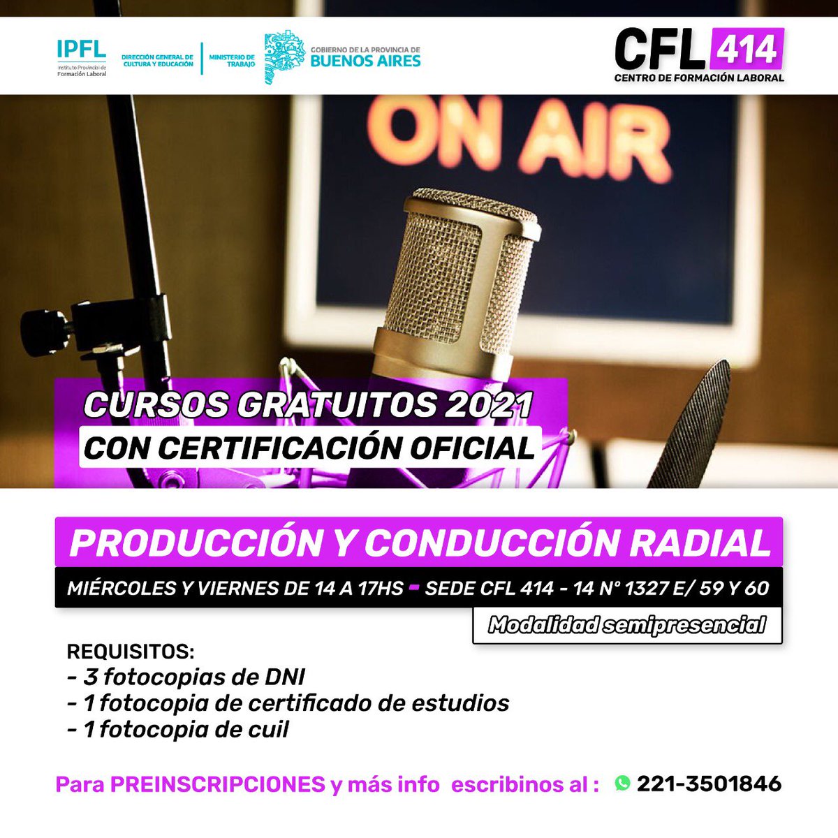cfl414laplata's tweet photo. INSCRIPCIÓN ABIERTA Modalidad semipresencial

PRODUCCIÓN Y CONDUCCIÓN RADIAL
❗️Quedan los últimos lugares❗️

Más información al 221-3501846  
#FormaciónLaboral 
#CFL414 https://t.co/jM6vIYjWs1