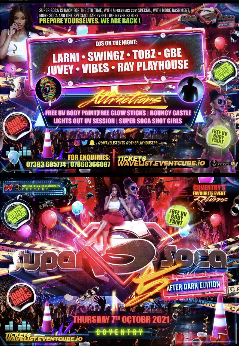 1️⃣ Day left until 
SUPERSOCA 🇯🇲🇬🇩🇱🇨🇧🇧 

THE ULTIMATE SOCA AFFAIR🤩‼️✨
🔹DJ's on the Night: Incl. Ray Playhouse + others
🔹The infamous SuperSoca shot girls🤪😍👯‍♀️
🔹80% Soca x Bashment 💃🏽
🔹Challenges

🛑2for1 tickets available 👀🛑

😈 wavelist.eventcube.io