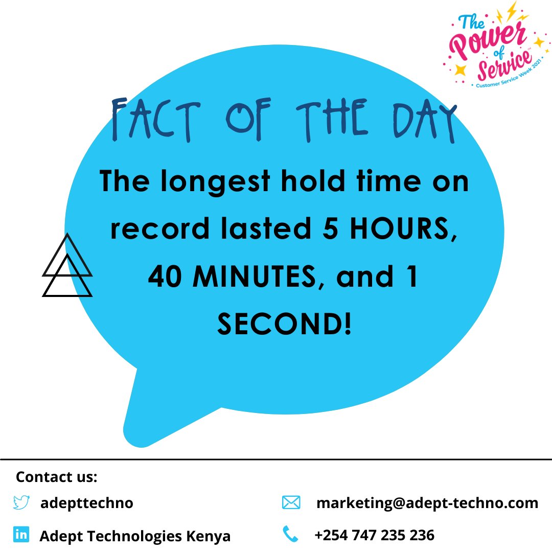 AdeptTechno's tweet image. How long would it take you to finally hang up? For one Australian man, it was 15 hours, 40 minutes, and one second.
Call us today for a quote. Our agents will not keep you on hold!
marketing@adept-techno.com
#wisdomwednesday #customersupportweek #PowerOfService