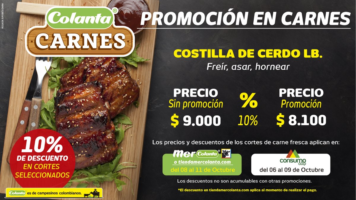 mercolanta's tweet photo. ¡Llegó la #PromoCarnuda de esta semana! 🥩🍽️ Aprovecha desde hoy en @ConsumoOfi 10% de descuento en cortes seleccionados.

#Colanta #Mercolanta #Carne #Carnes #Corte #Descuento #Promoción https://t.co/4XK8AS71mQ