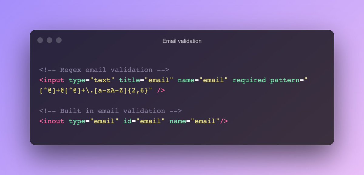 csaba_kissi's tweet image. HTML Tip 💡 
You can validate email in your forms with custom Regex rule or you can use build-in email type element
