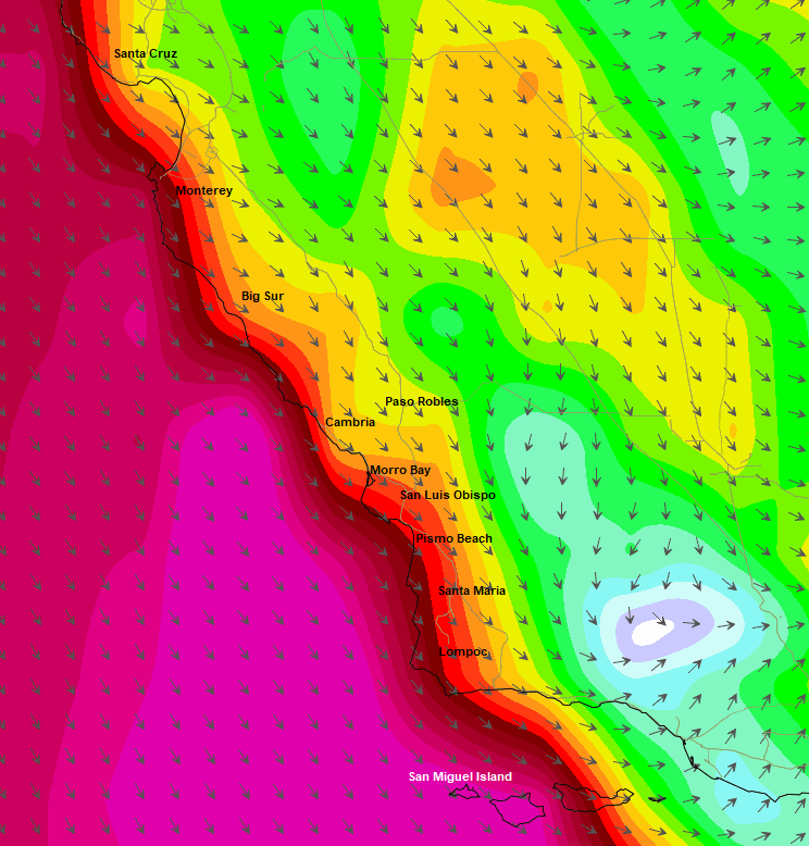 PGE_John's tweet photo. If the models verify, moderate gale-force to fresh gale-force (32 to 46 with gusts to 55 mph) northwesterly winds and high seas could develop along the entire Central California coastline on Monday into Tuesday. Seawater temperatures will plummet to the low 50s due to upwelling. https://t.co/urYFiccsEJ