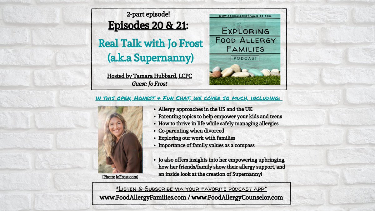 Part 2 of my chat with #allergy advocate and parenting/family expert, @Jo_Frost (Supernanny) is out now! Even those WITHOUT #foodallergies will take something away.

Find both parts of this episode on any #podcast app or at FoodAllergyFamilies.com & let us know your thoughts!