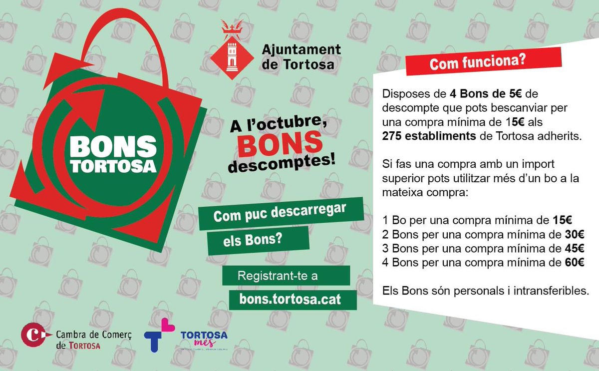 Vens de compres a Tortosa? Ja pots utilitzar els Bons Tortosa, als establiments adherits a la campanya #bonstortosa 
👉 Descarrega't els teus 4 bons de 5€ de descompte al web: bons.tortosa.cat
👉 Recorda que una vegada descarregats, tens 15 dies per utilitzar-los.
