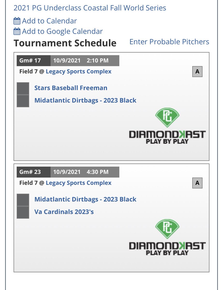 My team <a href="/DirtbagsMid/">Dirtbags Mid-Atlantic</a> - 2023 Black and I will be at the PG Underclass Coastal Fall WS this weekend. Pictured is our Saturday schedule at Legacy Sports Complex