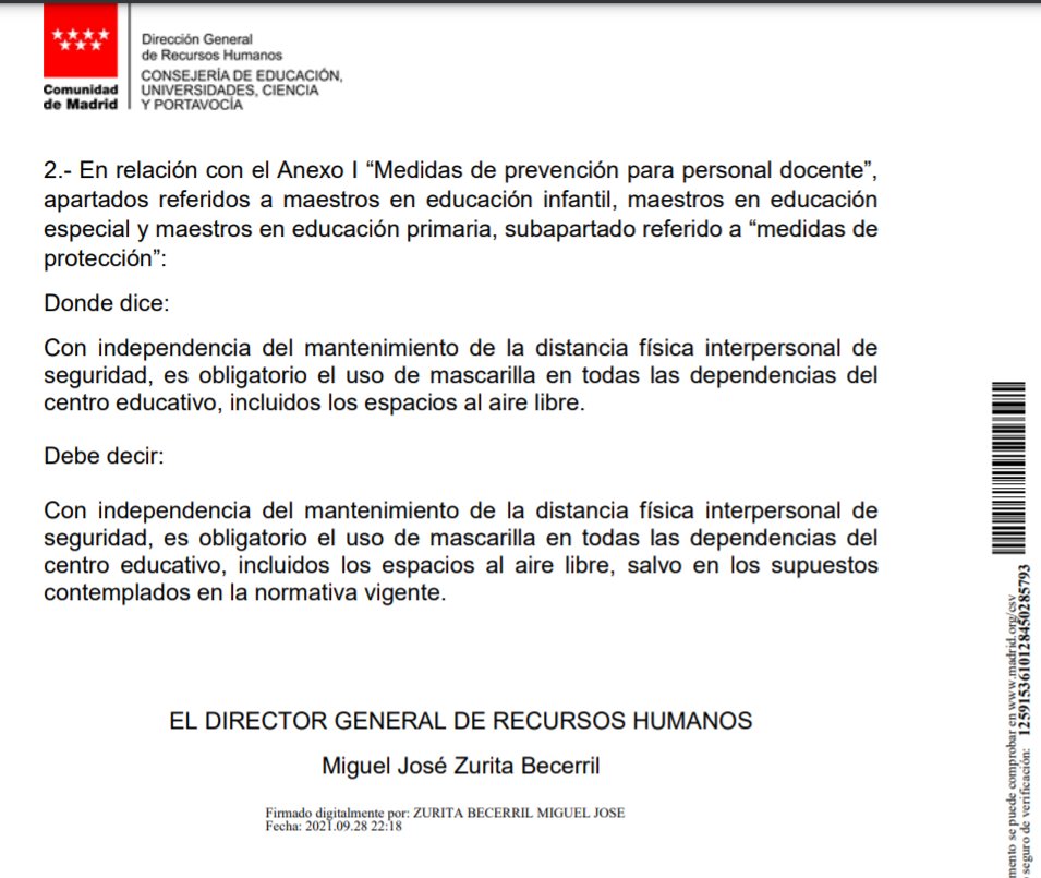 CER_OF_AUT's tweet photo. ⚠️⚠️⚠️28 de septiembre del 2021, el director de RRHH emite esta "transposición" de la nota de viceconsejería como le viene bien...aquí ya elimina por arte de Birlibirloque el uso de mascarilla , da igual que seas profesor o alumno. https://t.co/dc6Y3QN7Kj