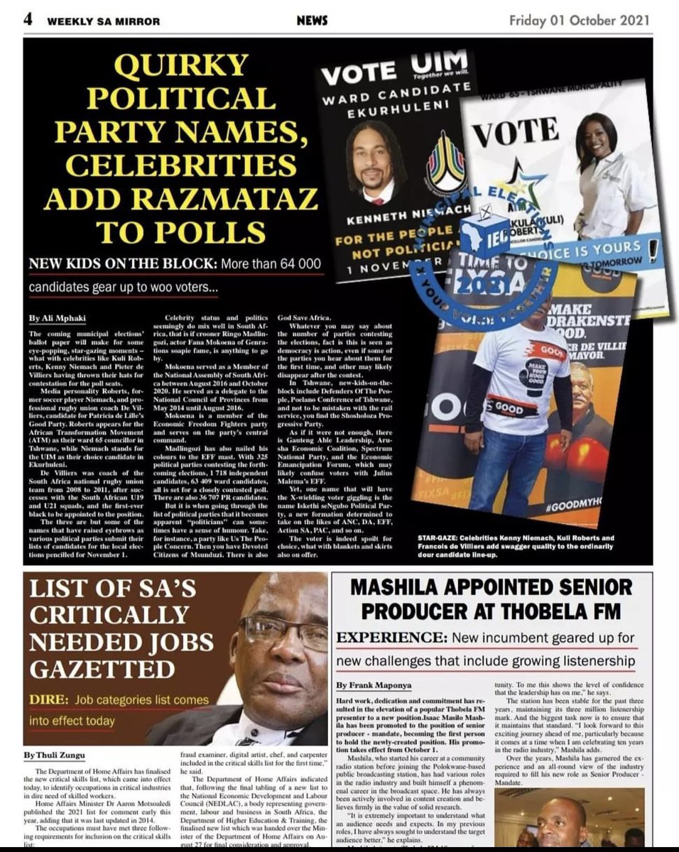 weeklysamirror's tweet photo. Our latest edition is out! Clink the link below to read our digital version 😊

📰 https://t.co/yNKkAoEqEi

#WeeklySAMirror #DigitalNewspaper #SouthAfrica #DigitalVibes #News #PoliticsLive #Election2021 #Localelections https://t.co/dc396JMSZ6