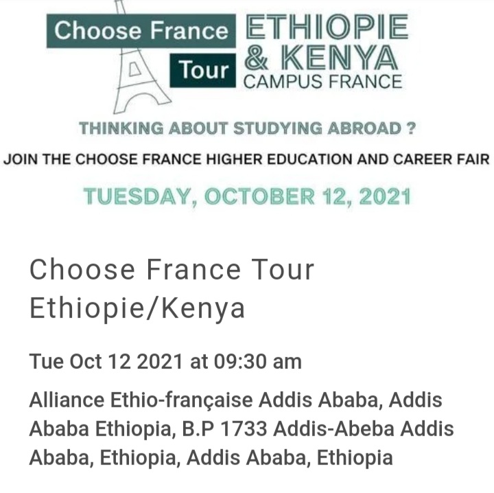 Looking for studying in France 🇨🇵? <a href="/ESSCA_Ecole/">ESSCA</a>  will be attending the #choosefrance Fair organised by <a href="/CampusFrance/">Campus France</a> in #AddisAbaba #Ethiopia on October 12th from 930am at the Alliance Francaise
<a href="/V_Vigouroux/">Vincent Vigouroux</a> <a href="/AbelaOlga/">Olga Abela</a> <a href="/barrett_helene/">Hélène Barrett</a> <a href="/EricCarlier1/">Eric Carlier</a> <a href="/JeanCharroin/">Jean Charroin</a> <a href="/sempere_marie/">Marie Sempere</a>