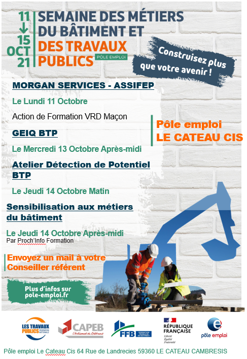 #AvecPoleEmploi#LeCateau, une agence mobilisée pour la semaine du Bâtiment et de la Construction.
<a href="/ElsaMiquel/">Miquel Elsa</a> 
<a href="/KW59400/">Karine WIELEBSKI</a>