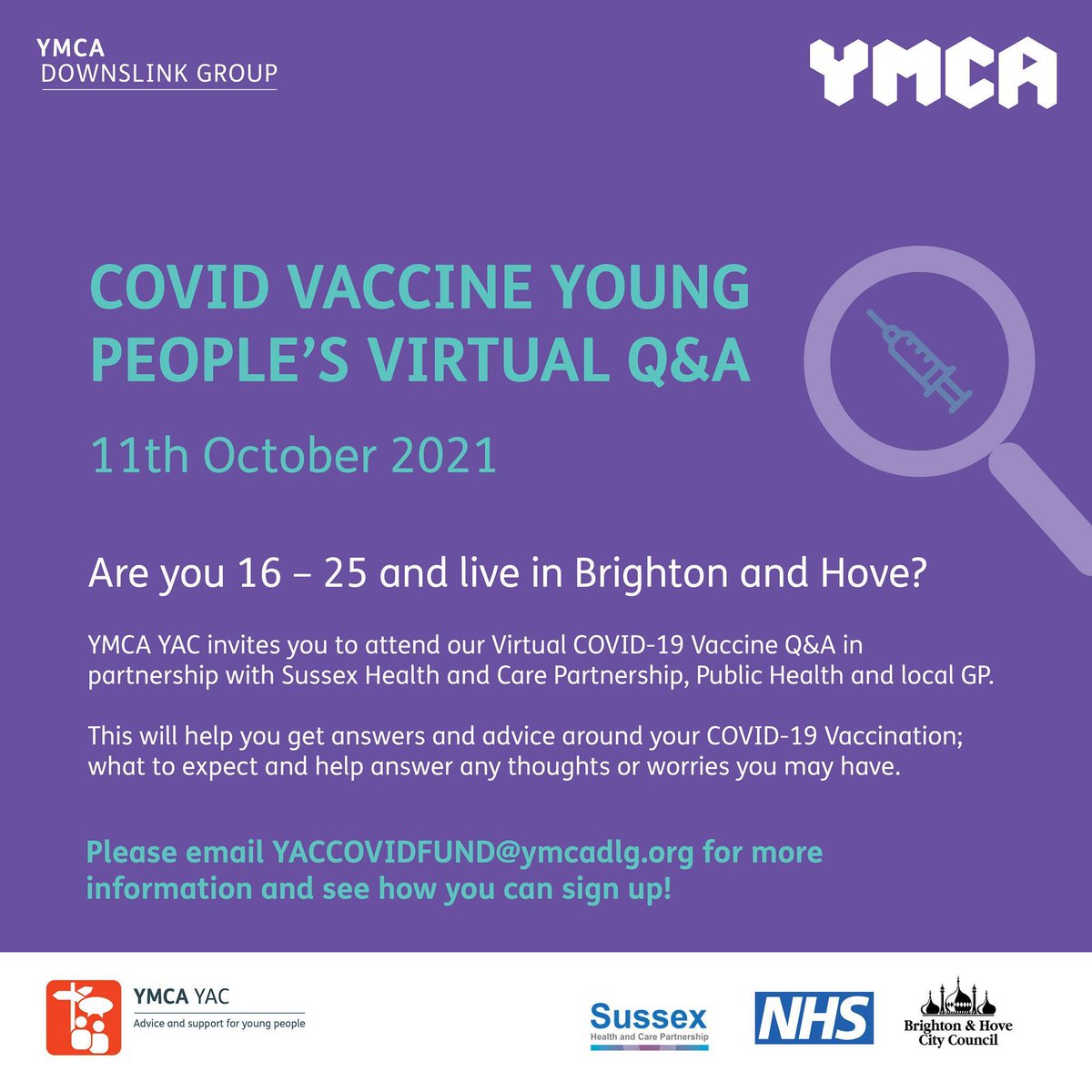 @YAC_BRIGHTON are hosting a vaccine Q&A for 16 - 25yr olds. See poster below for deets.

#vaccination #Covid19 
@BH_SHAC @CGL_B_H @YPCBrighton @allsortsyouth @BrightonYCP