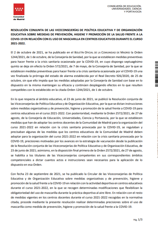 CER_OF_AUT's tweet photo. 🔥🔥🔥Finalmente, 04  Octubre, sacan una resolución conjunta salud y educación de Madrid,  desde la  se saltan el acuerdo interterritorial de ccaa firmado en agosto, y sacan esta resolución ayer, cambiando lo que les viene bien @CarolinaDarias @SaludPublicaEs @Pilar_Alegria ??? https://t.co/gMYskiEvIF