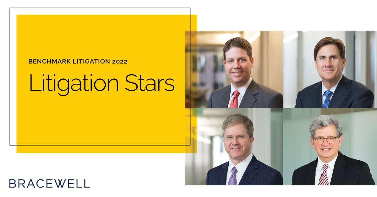 BracewellLaw's tweet image. Benchmark Litigation honored four Bracewell partners as litigation stars for 2022. Join us in congratulating these outstanding litigators on their well-deserved recognition: hubs.ly/H0YSstl0 #BenchmarkLitigation #LitigationStars