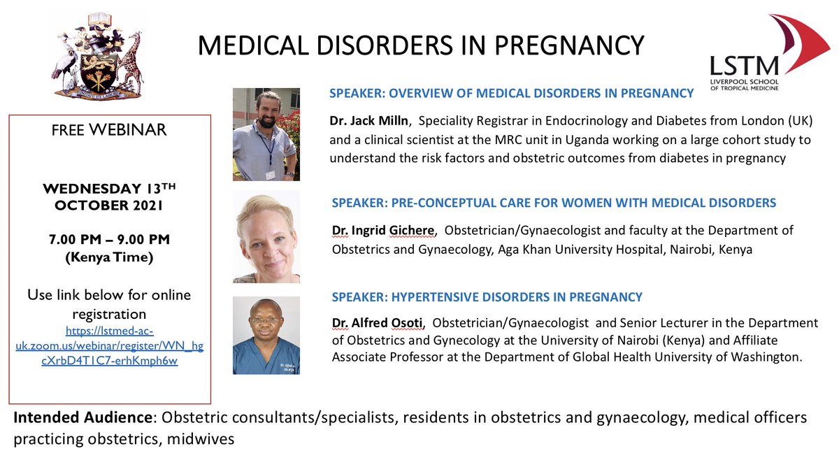 ✍️Sign up! 7pm Kenya time, 5pm BST - 13.10.21 - FREE

Medical disorders in pregnancy in sub-Saharan Africa, with 2 great colleagues in Nairobi 🇰🇪

Link lstmed-ac-uk.zoom.us/webinar/regist…

-General overview obs med in SSA
-Pre-conception care
-Diabetes in pregnancy
-Hypertensive disorders