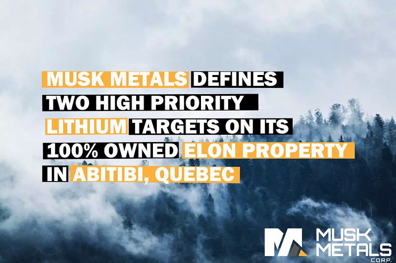 MUSKMETALS's tweet photo. MUSK METALS DEFINES TWO HIGH PRIORITY LITHIUM TARGETS ON ITS 100% OWNED ELON PROPERTY IN ABITIBI, QUEBEC

Read more: https://t.co/yUoaA1ymea

$MUSK 🇨🇦 $EMSKF 🇺🇸 $1I30 🇩🇪 https://t.co/uVtoweQVRR