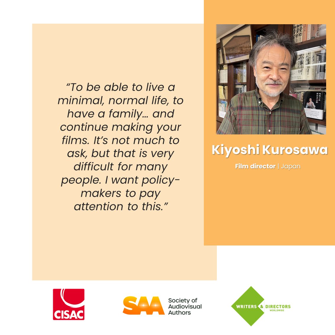 WADWorldwide's tweet photo. Japanese #director Kiyoshi Kurosawa: “To be able to live a minimal, normal life, to have a family... and continue making your films. It’s not much to ask, but that is very difficult for many people. I want policy-makers to pay attention to this.”
#WeLoveAuthors #CreateALiving https://t.co/JN242yGOsZ
