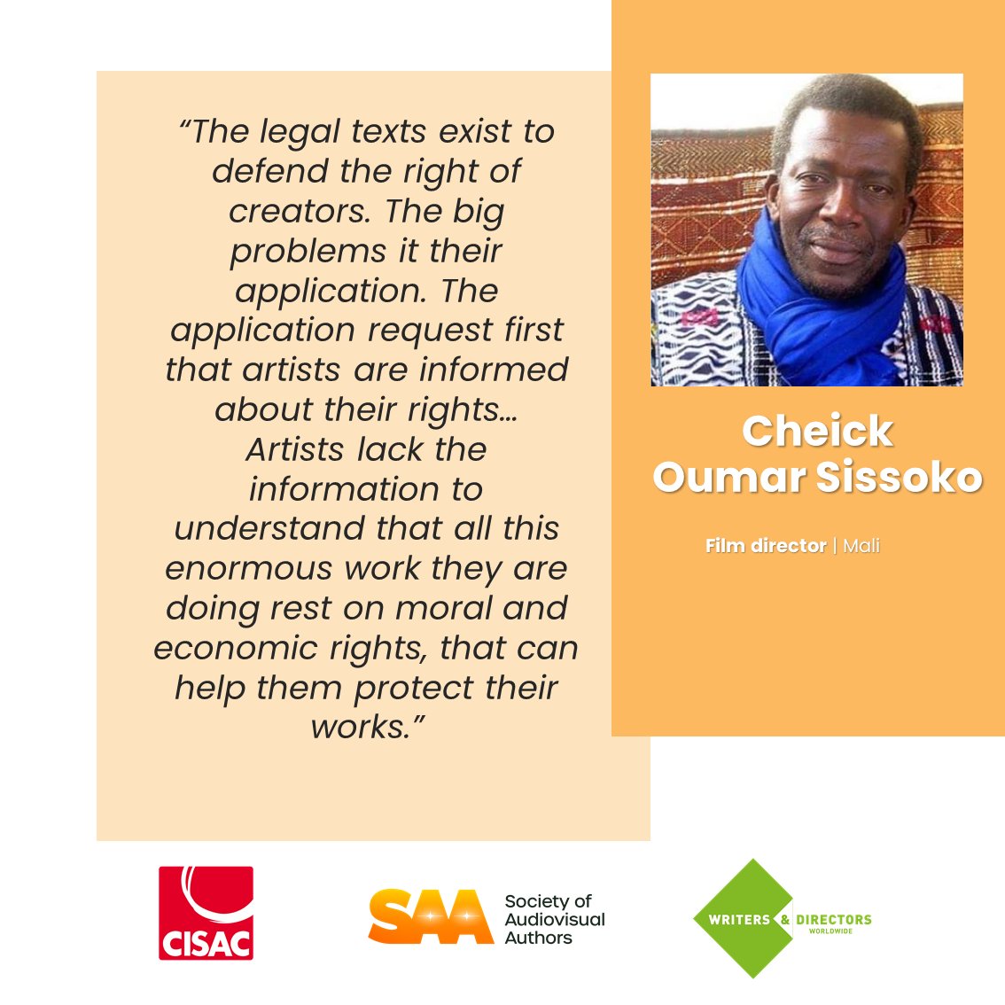 Mali film #director Cheick Oumar Sissoko describes the challenges faced by audiovisual authors to #CreateALiving in calling on policymakers to improve the situation, protect their works &amp; right to remuneration. #WeLoveAuthors.