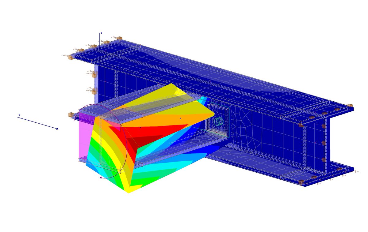 Torsie op een geravelde ligger-dwarsverbinding, hoe kun je dit controleren?

Met de volume elementen van de 3D rekensoftware RFEM kun je de verplaastingen, de lasspanningen en de equivalente rekken in de platen controleren.