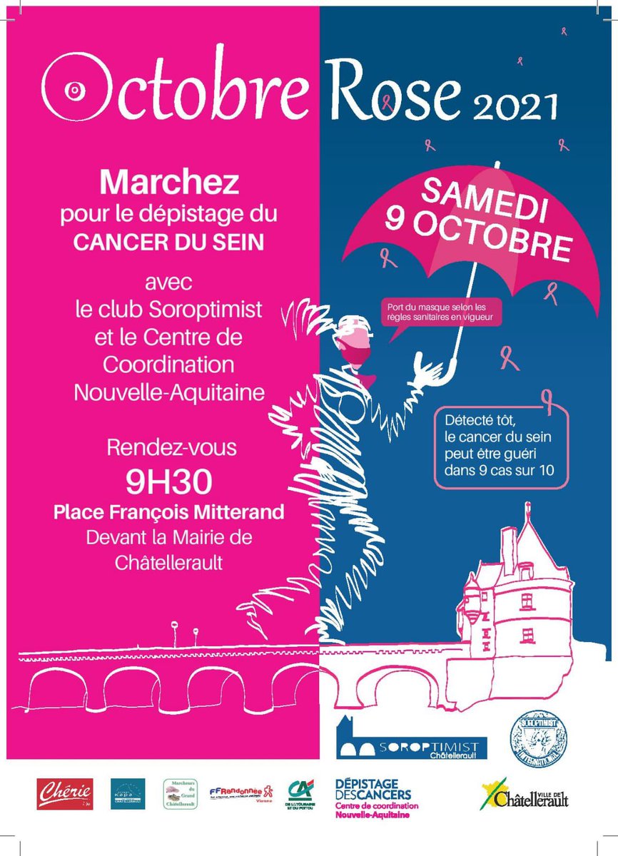 CitronetCerise's tweet photo. Le club Soroptimist à Châtellerault et le Centre de Coordination Nouvelle Aquitaine Organisent une marche « Octobre Rose  »,mois consacré à la lutte contre le cancer du sein.
Rendez vous :
Samedi 9 Octobre 2021 à 9h30 place François Mitterand , devant la Mairie de Châtellerault. https://t.co/GMM5vTZhpH
