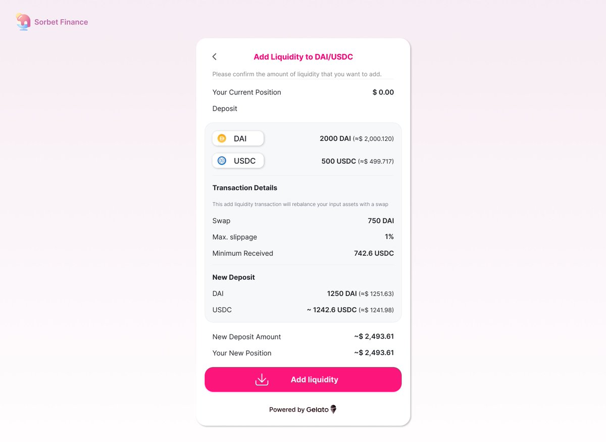 gelatonetwork's tweet image. 🍧 New update for G-UNI pools! 

We revamped the enter liquidity UX flow to show you more information about what’s happening under the hood. 

Try it out now: sorbet.finance/#/pools