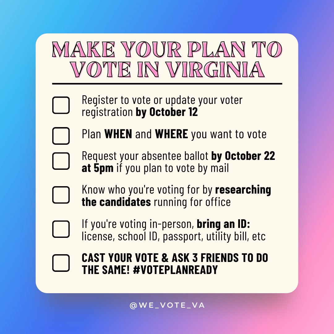 WeVoteVA's tweet photo. Goodmorning, Virginia! Are you #VoteReady ?
Check out our latest VOTING Checklist to best prepare for the upcoming election 🗳
#wevoteva #vagov #RegisterToVote #listosparavotar #readytovote https://t.co/ppEDzUsKcY