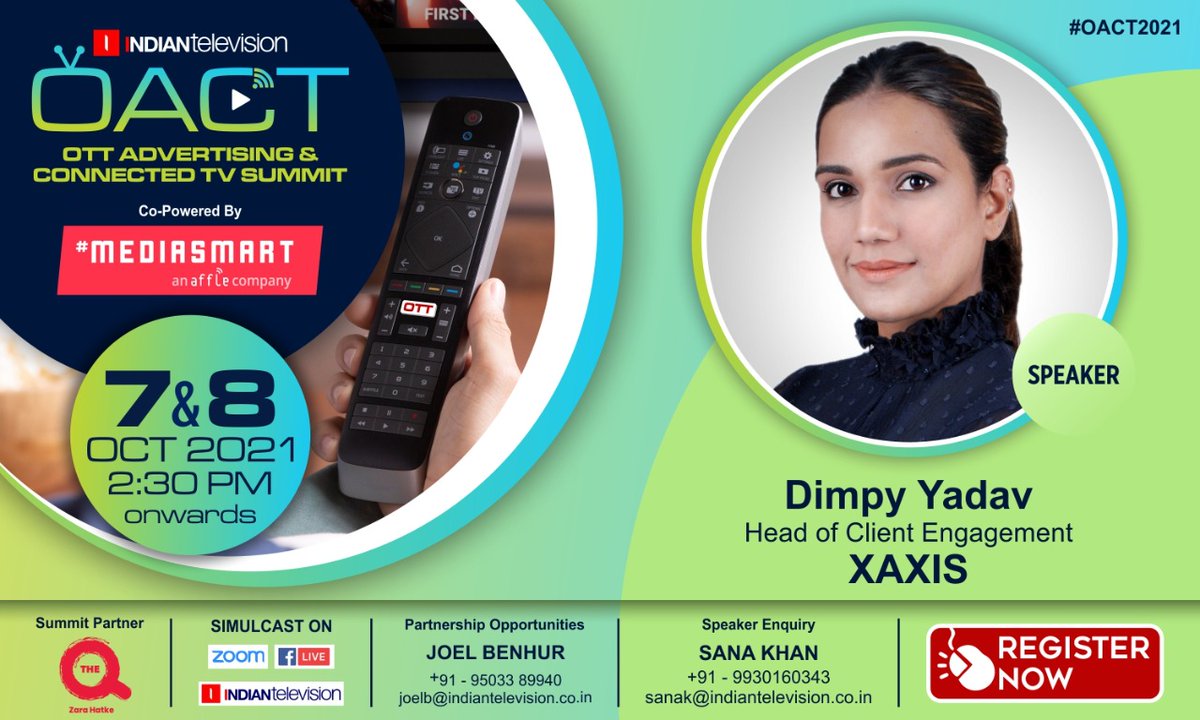 ITVNewz's tweet photo. Welcoming @XaxisTweets's, #DimpyYadav as an Esteemed speaker at The OTT Advertising and Connected Summit 2021

Block your date for the #OACT2021 summit, 7th &amp; 8th October, 2:30PM Onwards.

Register Now: https://t.co/xWq1Yl555J

@mediasmartio @Theqtv

#OACT #OTT #Summit https://t.co/D22qK2QPrB