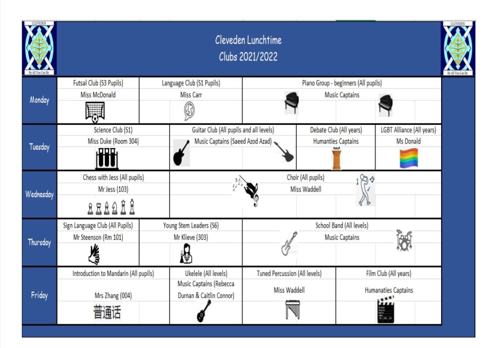 Check out all the exciting things you could be doing during lunchtimes and after school! So much to choose from! Pop along to our Clubs Fayre tomorrow at lunchtime to find out more and sign up! 🌟😊🌟#beallyoucanbe