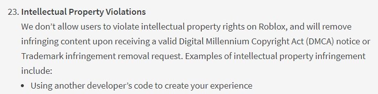NeonD00m's tweet image. Wait, is open-source code not allowed any more?

They really need to be clearer with this stuff. #robloxtos