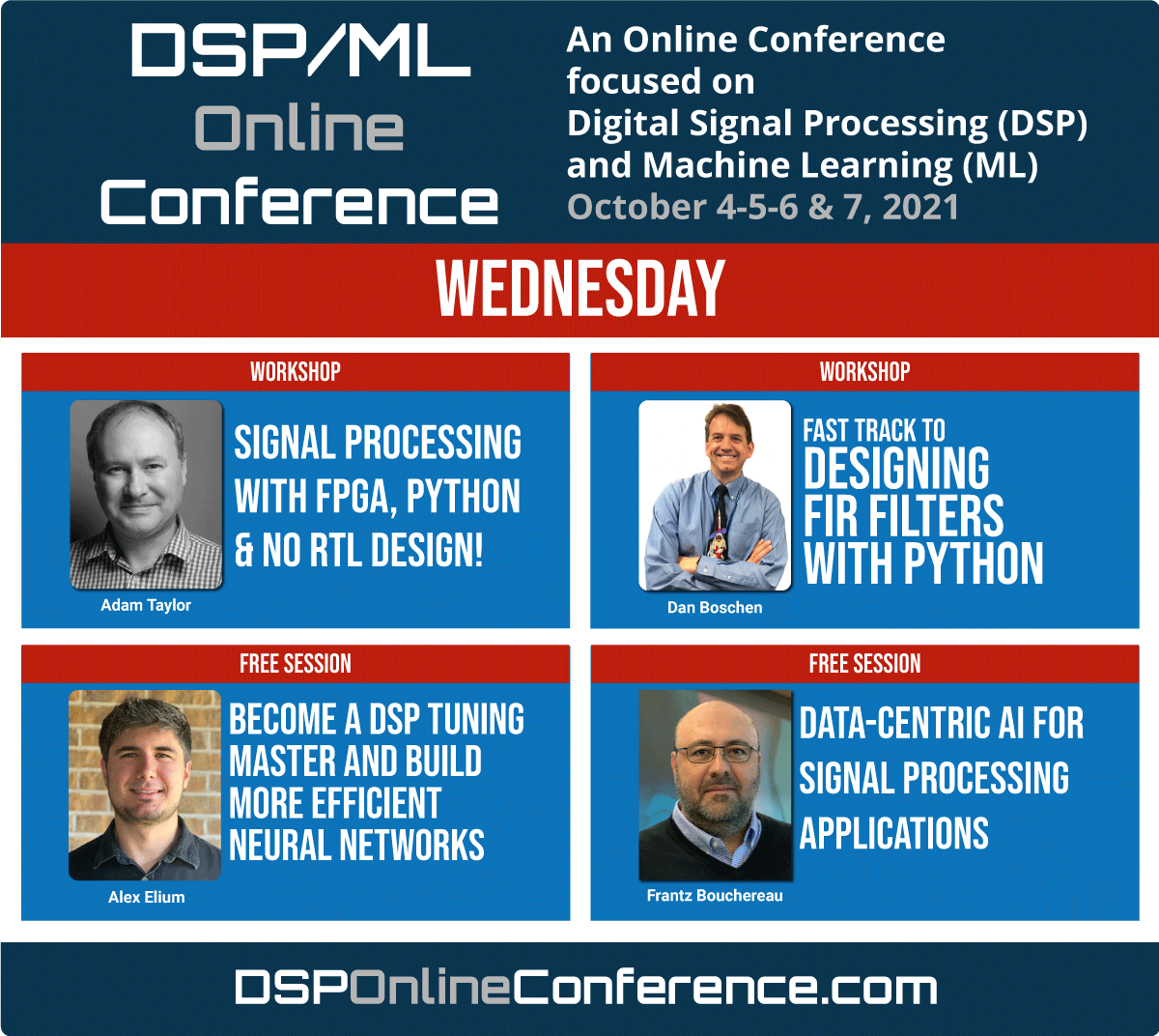 dsprelated's tweet image. Day #3 of the 2021 DSP Online Conference is now underway! The day starts with two workshops and will end with two talks. The 2 talks are available for free (no need to pay the registration fee to attend, simply register and skip the fee).  dsponlineconference.com/index.php?ref=… #dsp #fpga