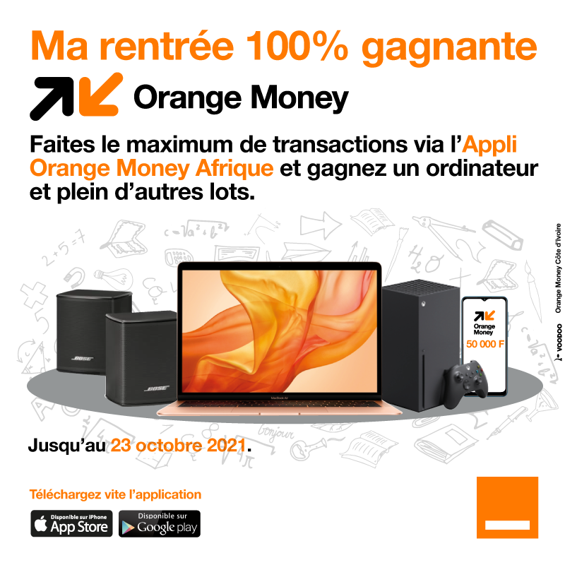CI_Orange's tweet photo. Jusqu'au 23 octobre, faites le maximum de transactions via l'application Orange Money Afrique téléchargeable ici : https://t.co/5dfEQSeIF0  et tentez de gagner un ordinateur et plein d'autres lots. 
Faites passer l'info à vos proches 😎!
#LaVieEstZo #OrangeMoney https://t.co/PzhLGGCHNA