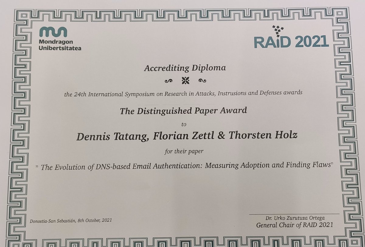 #RAID2021 best paper award goes to Dennis Tatang, Florian Zettl &amp; <a href="/thorstenholz/">Thorsten Holz</a>  for their paper "The Evolution of DNS-based Email Authentication: Measuring Adoption and Finding Flaws", <a href="/ruhrunibochum/">Ruhr-Universität Bochum</a> Congratulations!