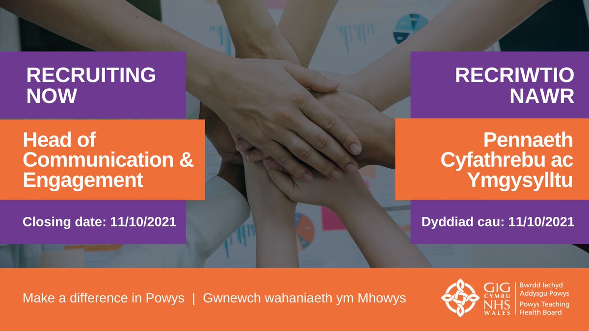 If you are looking for an exciting new chance to make a real difference, we have a fantastic opportunity for an individual to join Powys Teaching Health Board as Head of Communications and Engagement.
Closing date: 11/10/2021
More information: pthb.nhs.wales/working-for-us…
#PowysJobs