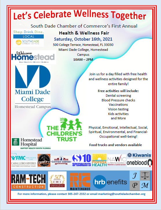 southdadecc's tweet photo. South Dade Chamber First Annual Heath &amp; wellness fair. Come join us for a day filled with family oriented activity's for you and the Kids.
Mark your Calendar on October 16th, 2021 at the Miami-Dade college campus.
See you soon...😃
 #southflorida #miamidade #familytime #wellness https://t.co/AjnYLT4tJU