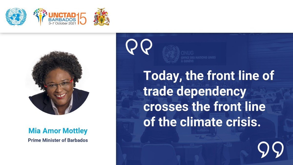 At #UNCTAD15, Prime Minister 
@miaamormottley gave a report 'from the front lines' of trade dependency and the #ClimateEmergency. 

She said small island developing states are the canary in the coal mine of an international economic system that is failing many people.