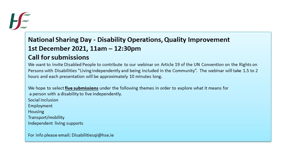 National Sharing Day - Disability Operations, Quality Improvement 
Webinar: 1st December 2021, 11am – 12:30pm
<a href="/DisabilityFed/">DFI</a>  <a href="/_IHREC/">Irish Human Rights & Equality Commission</a>  <a href="/InclusionIre/">Inclusion Ireland</a> @NatFedVolBodies @irishDeafsoc please retweet