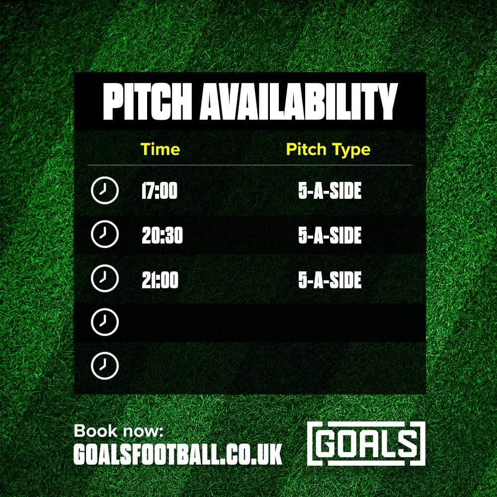 GoalsPlymouth's tweet photo. HumpDay availability is limited as ever, only 3 pitches available.

#humpdaymatch #midweekmatch #football #5aside #unleashfootball https://t.co/2VN9KH6iXu