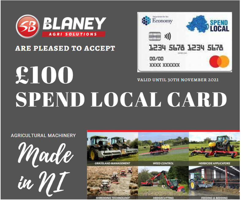 Attention all NI customers! Blaney Agri are pleased to be able to accept the £100 #SpendLocal Cards. 
We design and manufacture all our machinery in house in Co Antrim. We value your business &amp; thank you for your appreciation of our clever design &amp; quality craftmanship. #madeinNI