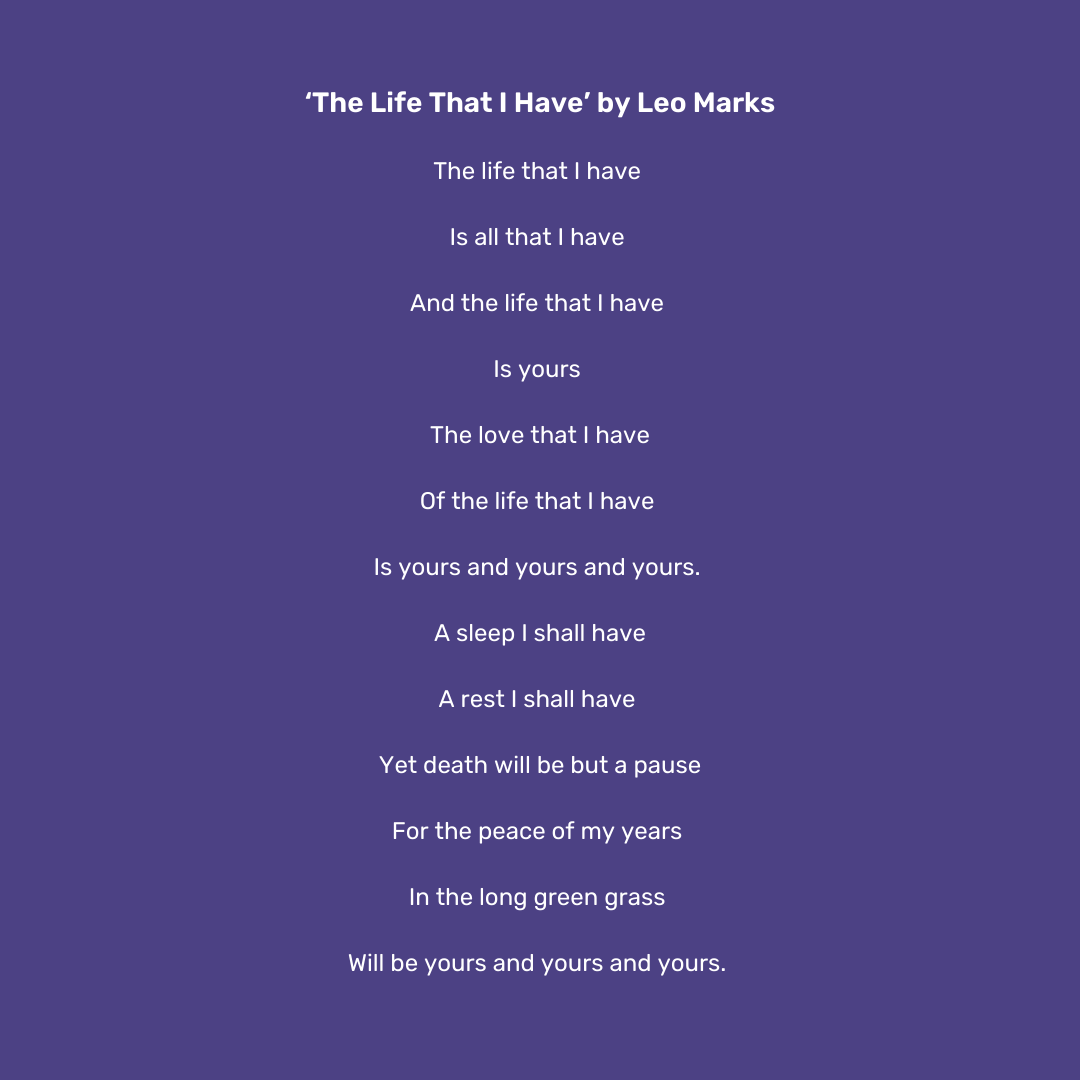 humanistfunera1's tweet photo. 'The Life That I Have' by Leo Marks. 

For more poems for a humanist funeral, visit: https://t.co/CzEZ808QrL

#HumanistFunerals #Funerals #PoemsOfLove https://t.co/q02TcEQrjN
