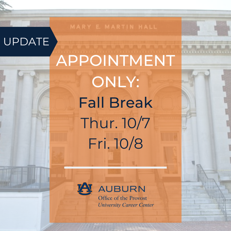 UPDATE! Due to fall break this week, the University Career Center will meet with students by appointment only on Thursday, Oct 7 and Friday, Oct 8.