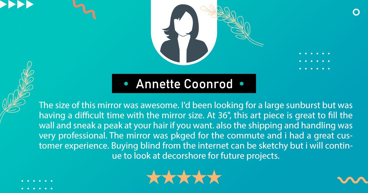 Decor_Shore's tweet photo. Here is something which always made us happy. We got a review and we would love to share it with you all. We are truly thankful to Ms. Annette for this review and we are glad that you liked our Mirror. Keep showing your love for DecorShore. Your reviews help us growing &amp; motivate https://t.co/LGCAEriVlT