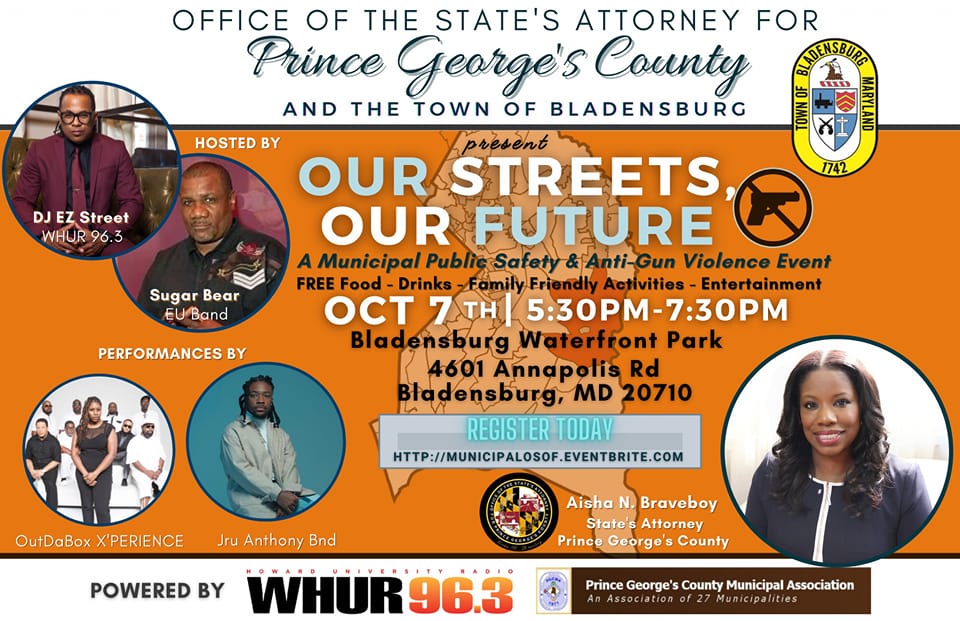 BladensburgMD's tweet photo. In partnership with the Town of Bladensburg, State’s Attorney Aisha Braveboy has teamed up with GoGo Legend Suga Bear, EZ Street of WHUR, and more for a special anti-gun violence event in honor of PJ Evans and other victims. RSVP today at https://t.co/ORu2ie8tqi. https://t.co/wTg2v0RI0i
